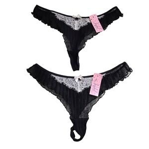 Jezebel 2pk Black Sheer Pleated Mesh Thong Panties L White Lace Bow NWT